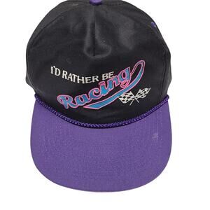 Vintage 90s "I'd Rather Be Racing" Snapback Trucker Hat NASCAR Indy Black